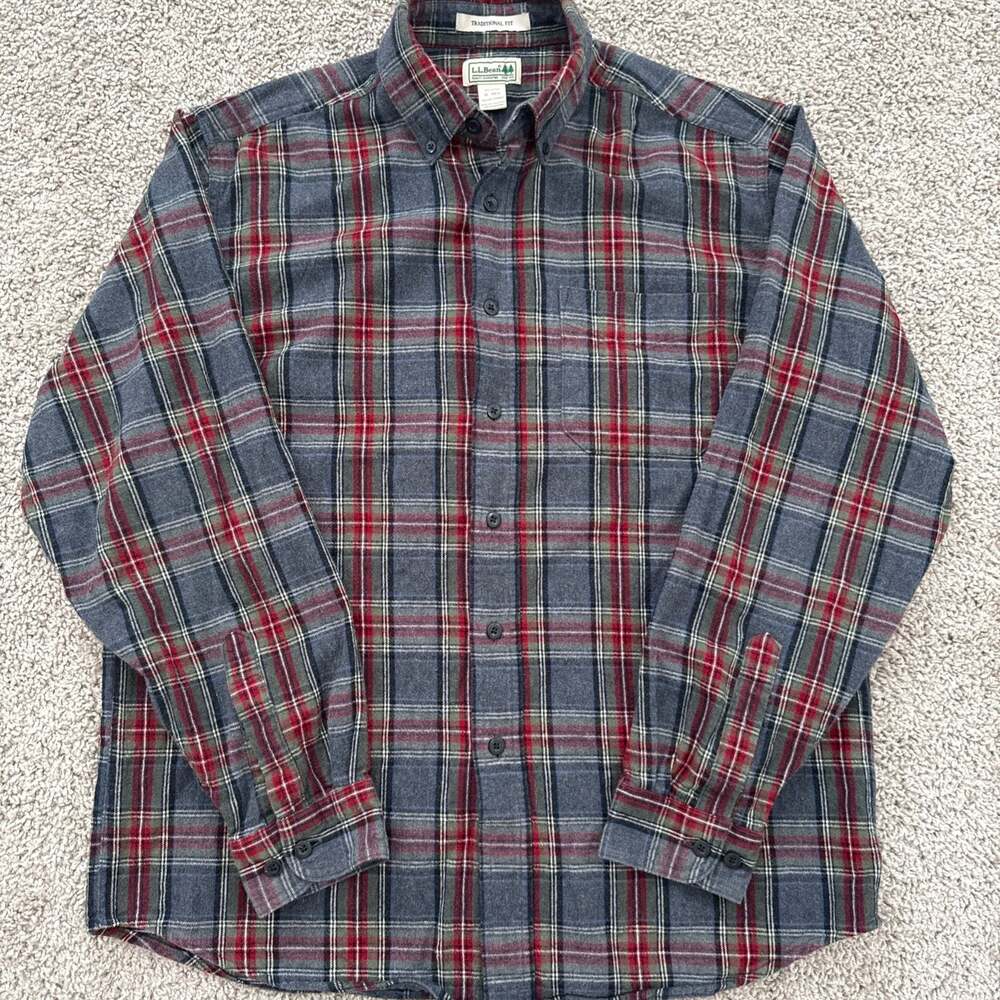 L.L.Bean Scotch Plaid Flannel Shirt Traditional Fit Grey Stewart Men's M Regular